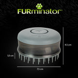 Grooming brush with dimensions: 7.5 cm wide, 4.5 cm high, bristle length 1.0 cm. FURminator brand name shown above the product.