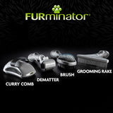FURminator grooming tools shown with labels: curry comb, dematter, brush, and grooming rake. Each tool is displayed separately for comparison.