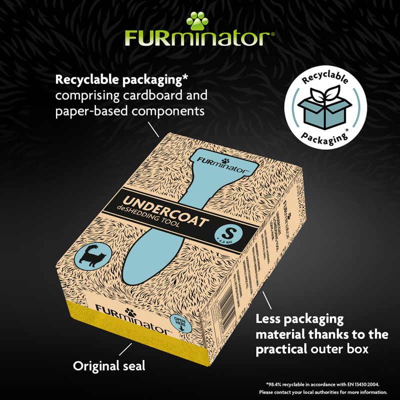 FURminator Undercoat deShedding Tool packaging with recyclable cardboard and paper-based components, original seal, and less packaging material due to practical outer box.