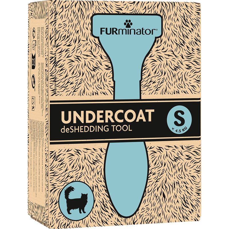 Undercoat deShedding tool, size S for animals under 4.5 kg, shown on packaging with illustration of a long-haired animal silhouette.