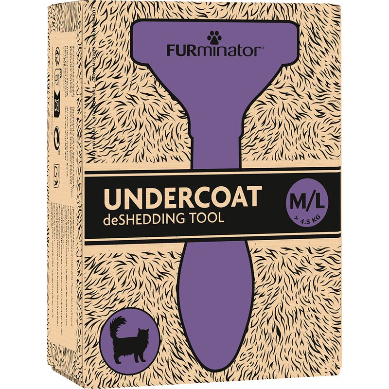FURminator undercoat deShedding tool for medium to large size, over 4.5 kg. Packaging shows silhouette of a long-haired animal.