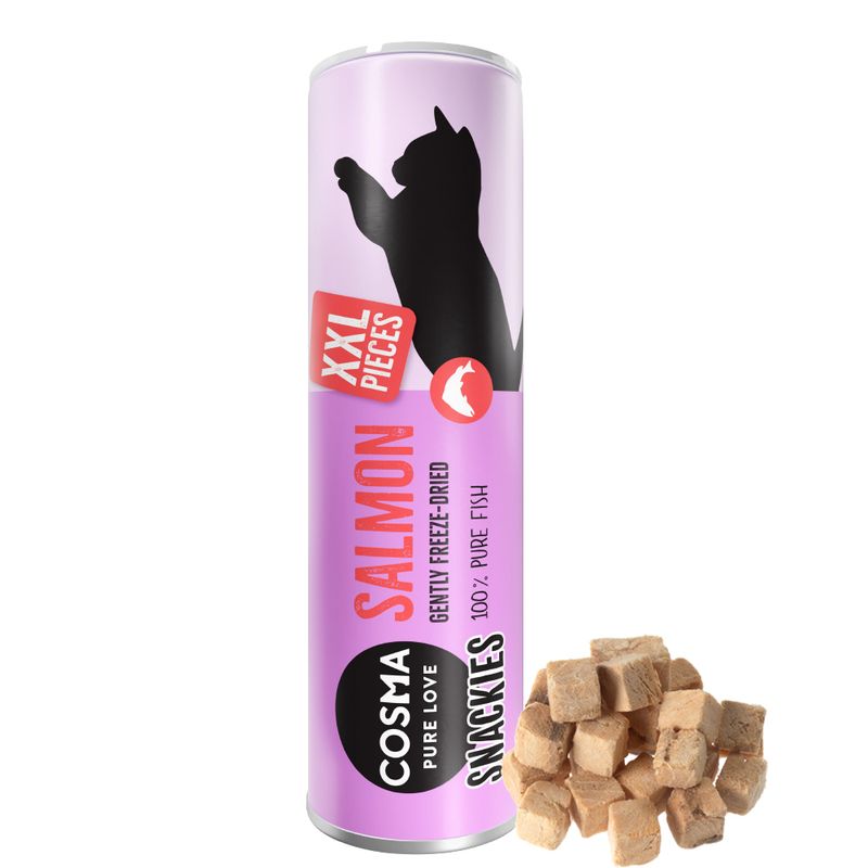 Tube labelled XXL pieces, salmon, gently freeze-dried, 100% pure fish. Cubes of freeze-dried snack shown beside the tube.