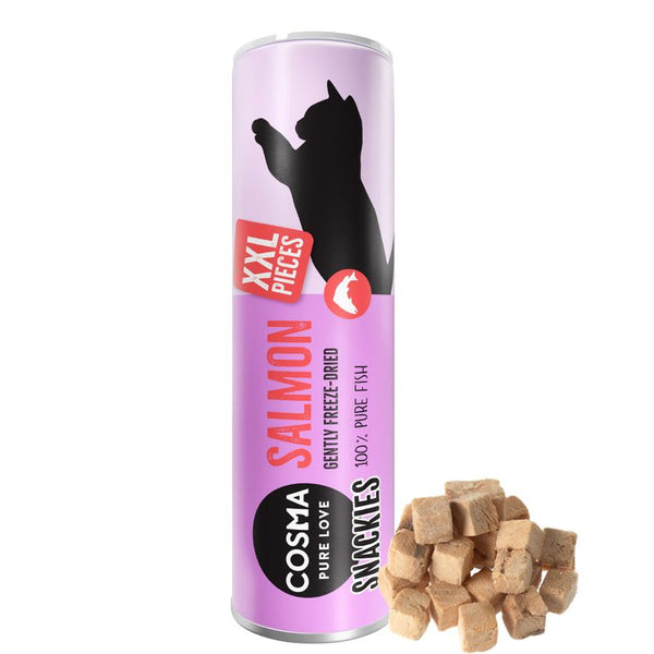 Tube labelled XXL pieces, salmon, gently freeze-dried, 100% pure fish. Cubes of freeze-dried snack shown beside the tube.