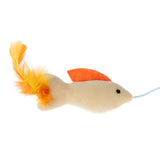 Fabric toy mouse with orange feathers and fins, suitable for interactive play.