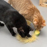 Black and red cat playing with a yellow-green toy with feather attachment.