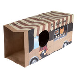 Cardboard box with 'Cat's Coffee Truck' print, brown-beige striped, with round entrance and cat motif on the side.