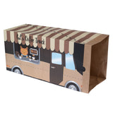 Paper packaging with 'Cat's Coffee Truck' print, illustrated with a cat and coffee cups in a brown food truck design.