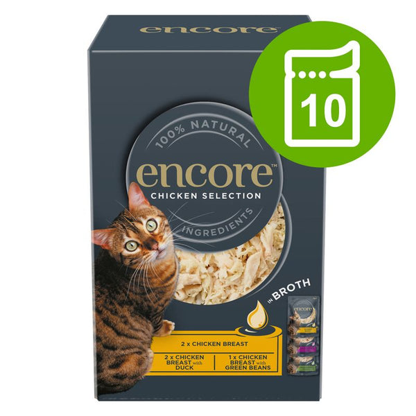 Encore Chicken Selection, 100% natural ingredients. Contents: 2x chicken breast, 2x chicken breast with duck, 1x chicken breast with green beans. Pack contains 10 pouches.