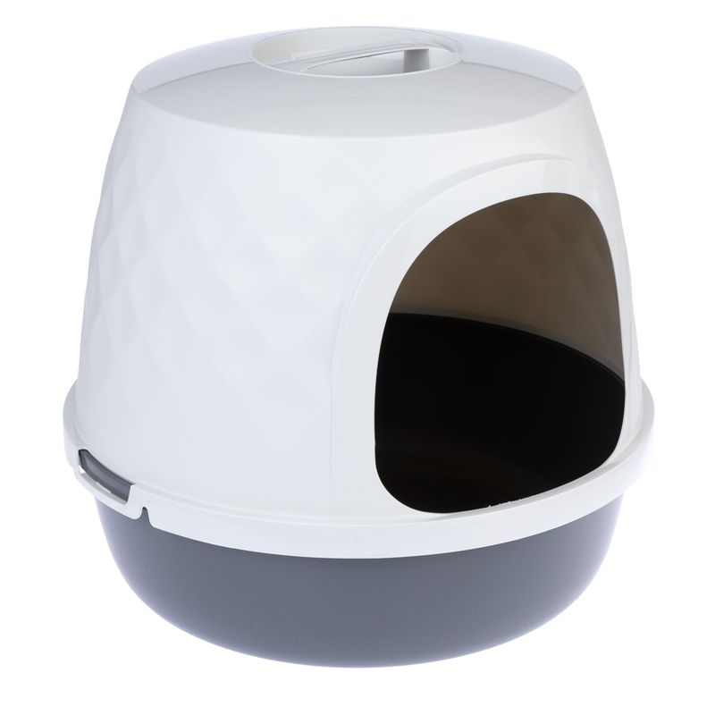 Closed cat litter box with white lid and grey base, oval entrance at the front.