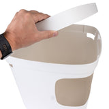 Hand opens white container with removable lid, suitable for storing pet food or accessories.