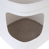 Close-up of a white cat litter box with grey cat litter inside.