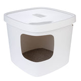 White cat litter box with removable lid and oval opening, filled with cat litter.
