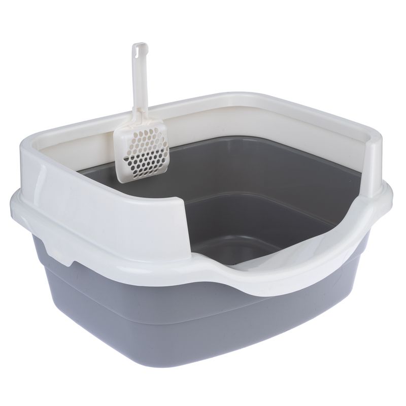 Grey and white cat litter tray with removable rim and matching litter scoop.
