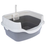 Grey and white cat litter tray with removable rim and matching litter scoop.