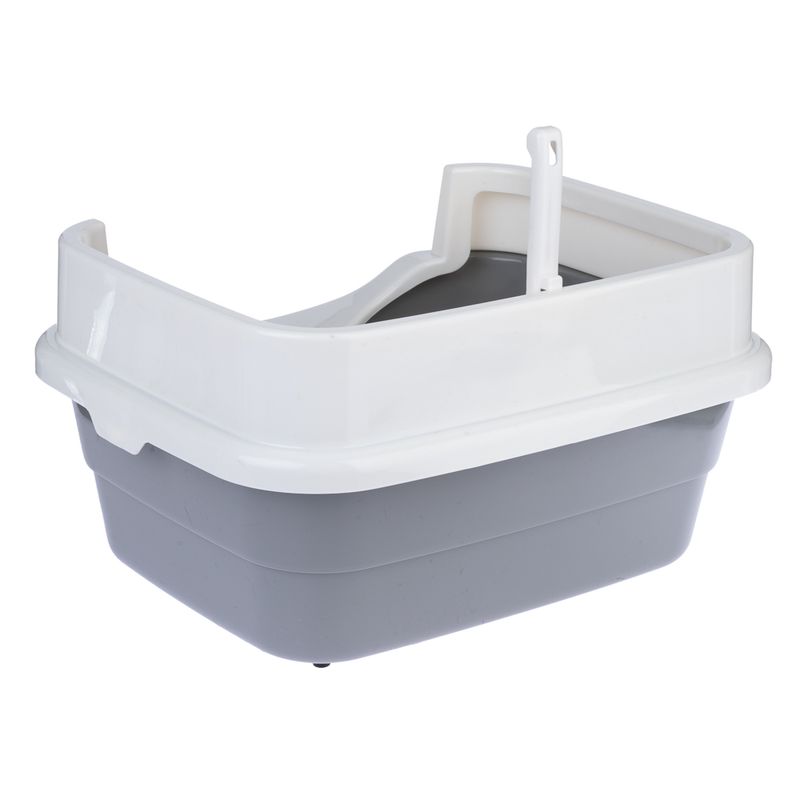 Grey and white cat litter tray with raised rim and removable insert.