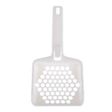White plastic litter scoop with round holes for cleaning cat litter.