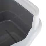 Close-up of a grey plastic tray with a white rim, suitable for pet accessories or cleaning.