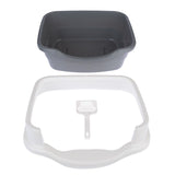Cat litter tray with grey base, white rim and litter scoop. Ideal for easy cleaning and hygiene.