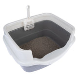 Cat litter tray with grey base, white rim and integrated litter scoop. Filled with cat litter.