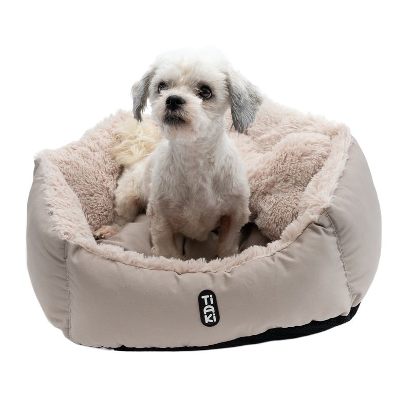 Tiaki dog bed in beige with soft plush padding, small dog sitting inside.