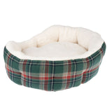 Round pet bed with green and red check pattern and soft white inner padding.