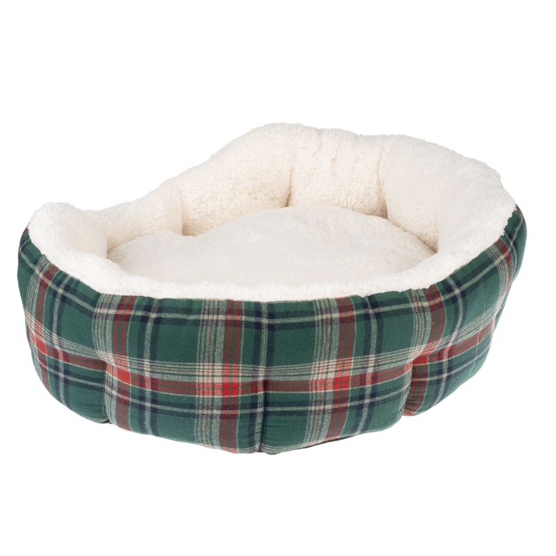 Round pet bed with green and red check pattern and soft white inner padding.