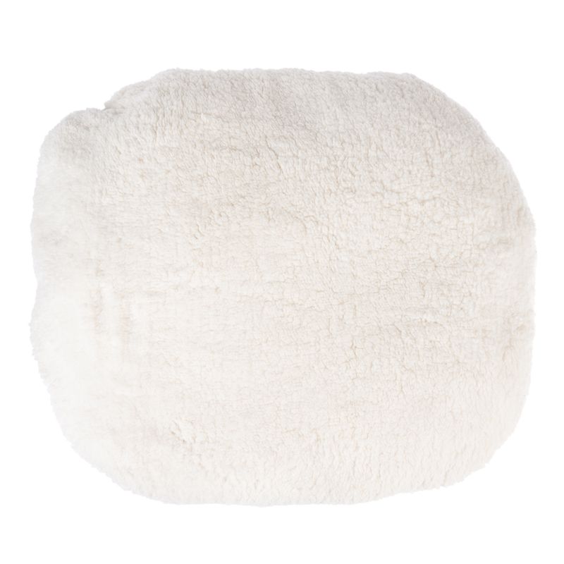 Soft, round cushion made of white plush material, suitable as an accessory for pet beds or resting areas.