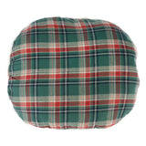 Round cushion with green-red check pattern, soft padding visible.