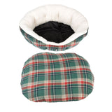 Green and red checked pet bed with removable cushion and white inner padding.