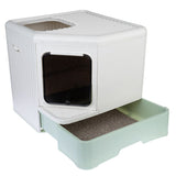 Corner cat litter box with white housing, black door, and pull-out green drawer for litter. Top with grooved surface and additional entry.