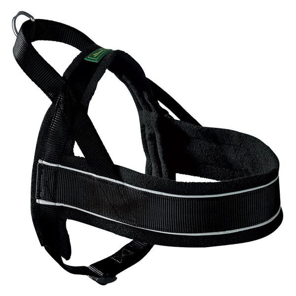 Black dog harness with reflective stripes and metal ring, padded for comfort.