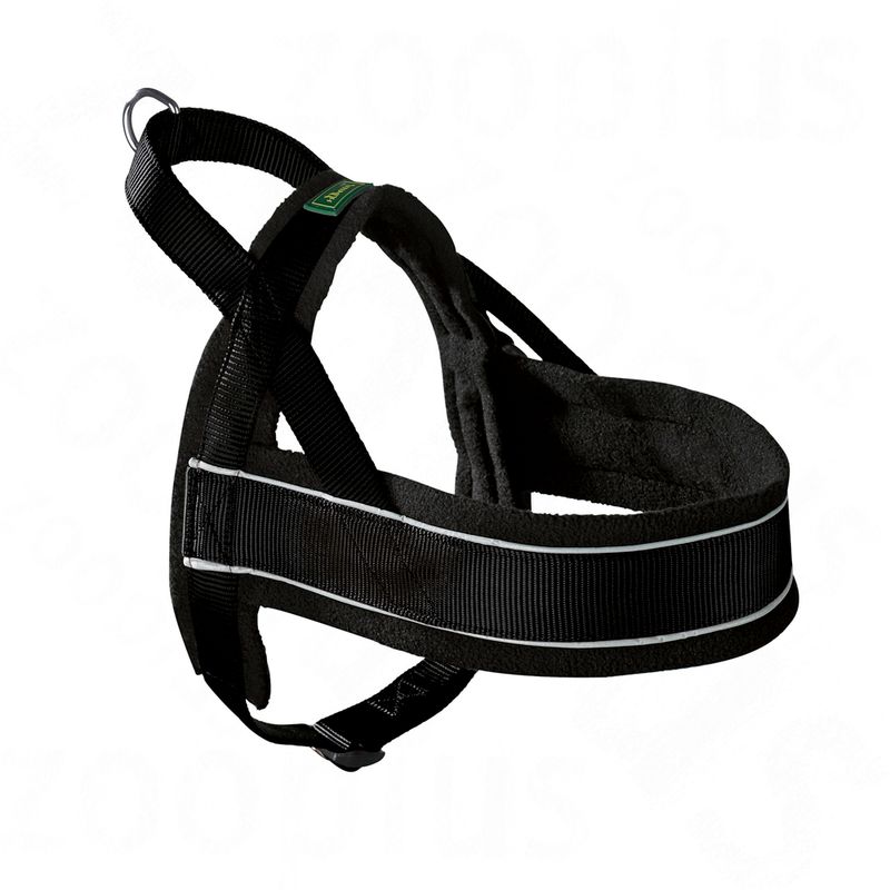 Black padded dog harness with reflective strip, metal ring for lead attachment, and adjustable straps. Small green label with yellow text visible on top strap.