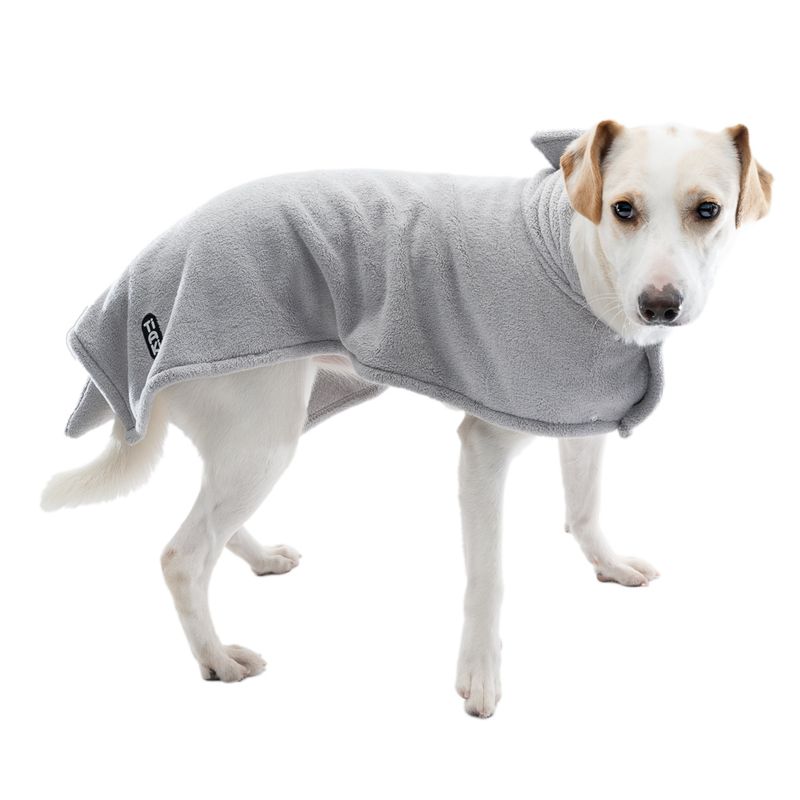 Dog wearing grey terry coat with logo print on the side. Product for drying or warmth for dogs.