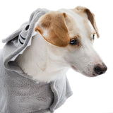 Grey towel with hood and animal ears, suitable for pets.