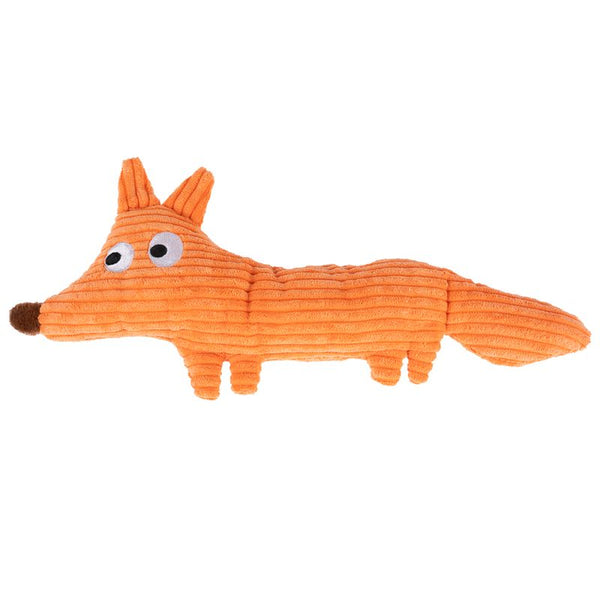 Orange plush toy shaped like a fox with large eyes and a brown nose.