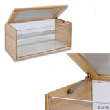 Wooden terrarium with glass front, hinged lid with ventilation grid and metal support. Close-up of hinges and lid support.