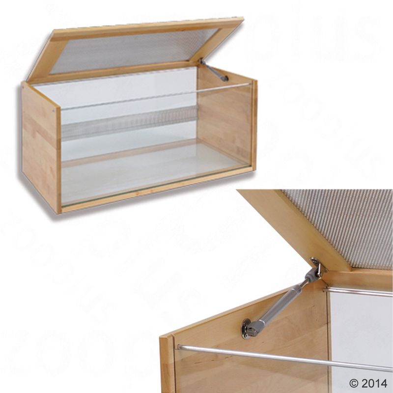 Wooden terrarium with glass front, hinged lid with ventilation grid and metal support. Close-up of hinges and lid support.