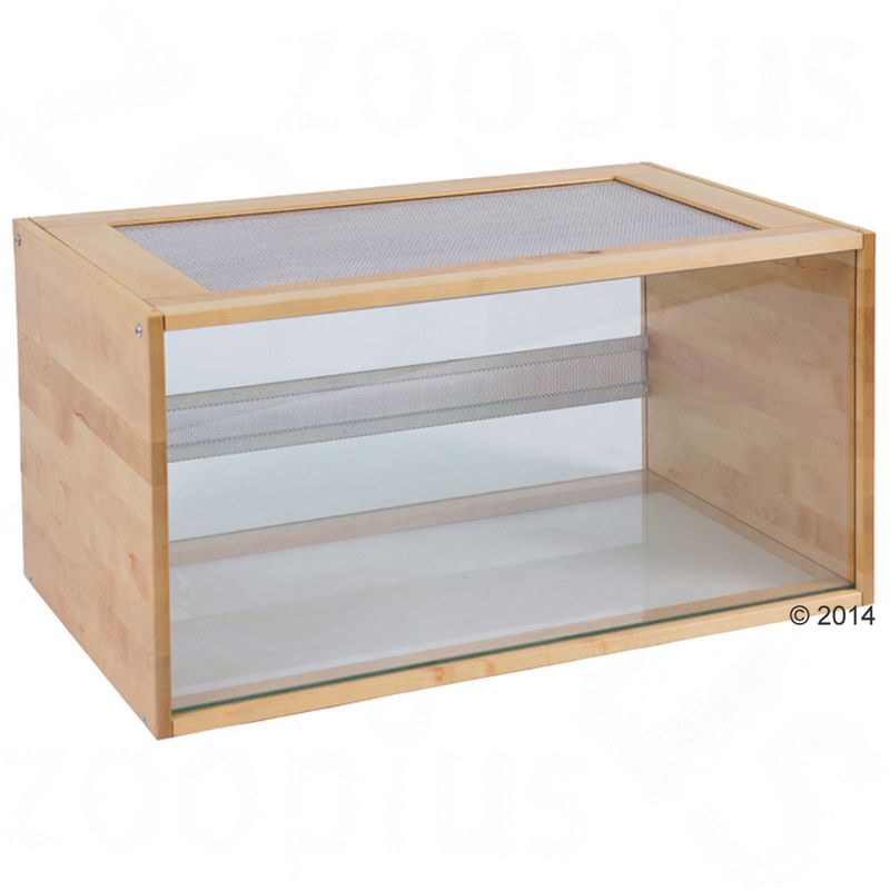 Wood and glass terrarium with mesh top and ventilation strip on the back panel, suitable for housing small animals or reptiles.