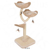 Cat tree made of woven natural material with three levels, two padded resting areas and feather toy pendants.
