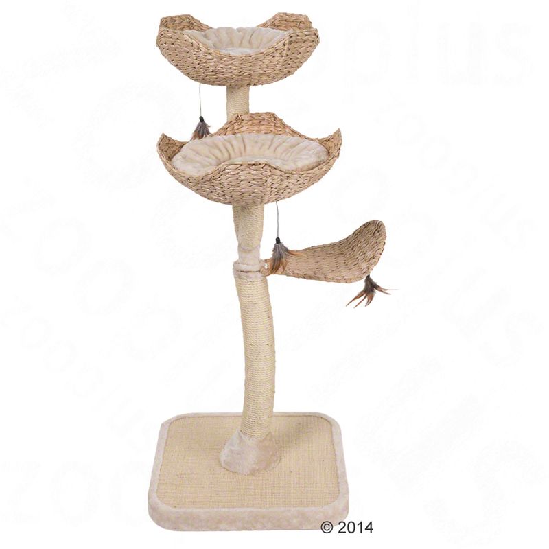 Cat tree made from natural materials with two padded resting areas, a toy hammock and a sturdy sisal post on a square base.