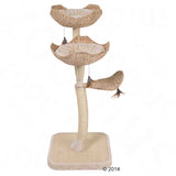 Cat tree made from natural materials with two padded resting areas, a toy hammock and a sturdy sisal post on a square base.