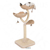 Cat tree made of woven natural material with three levels, sisal post and toy pendants. Cat lying on top level.