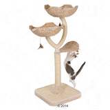 Cat tree made from natural materials with three levels, toy hanger and sisal post. Cat playing at the lower part of the cat tree.