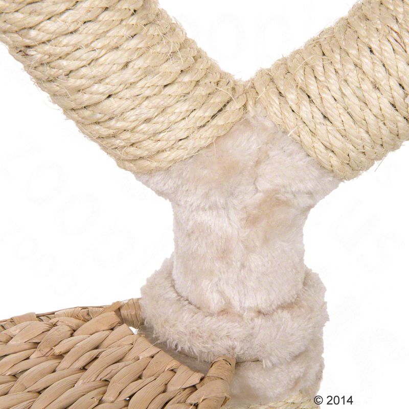 Close-up of a scratching post element with sisal rope, soft plush and braided material.