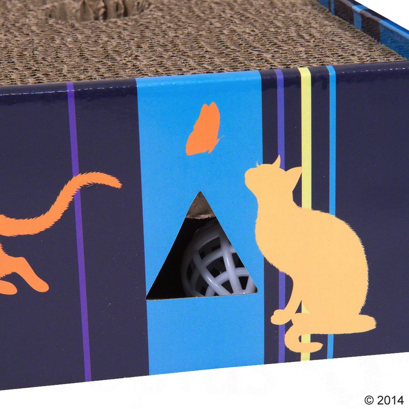 Cat toy made of cardboard with scratching surface and integrated ball, visible cut-out in triangle shape.