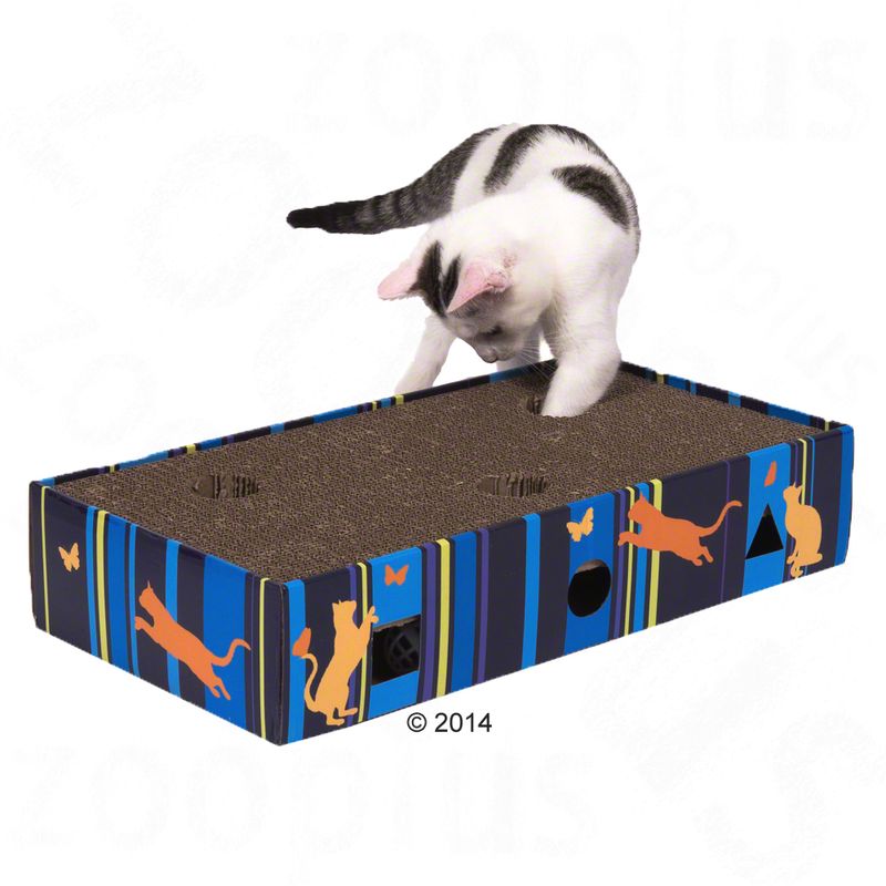 Cardboard cat toy with colourful design and holes for a cat to put its paw through. Suitable for interactive play.