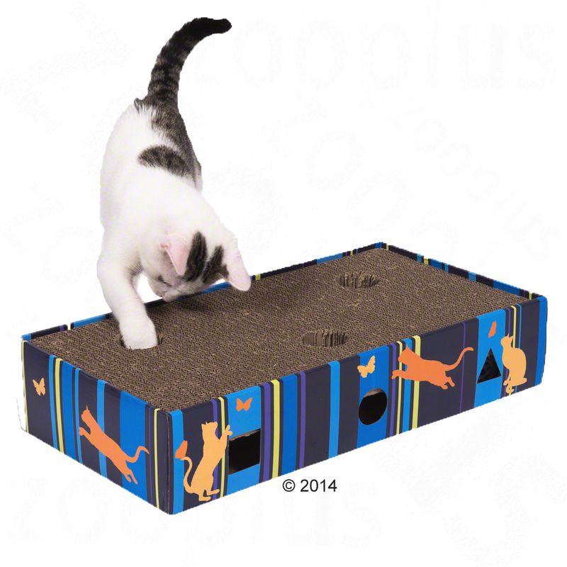 Cardboard cat toy with scratching surface and colourful design. White cat playing on it.