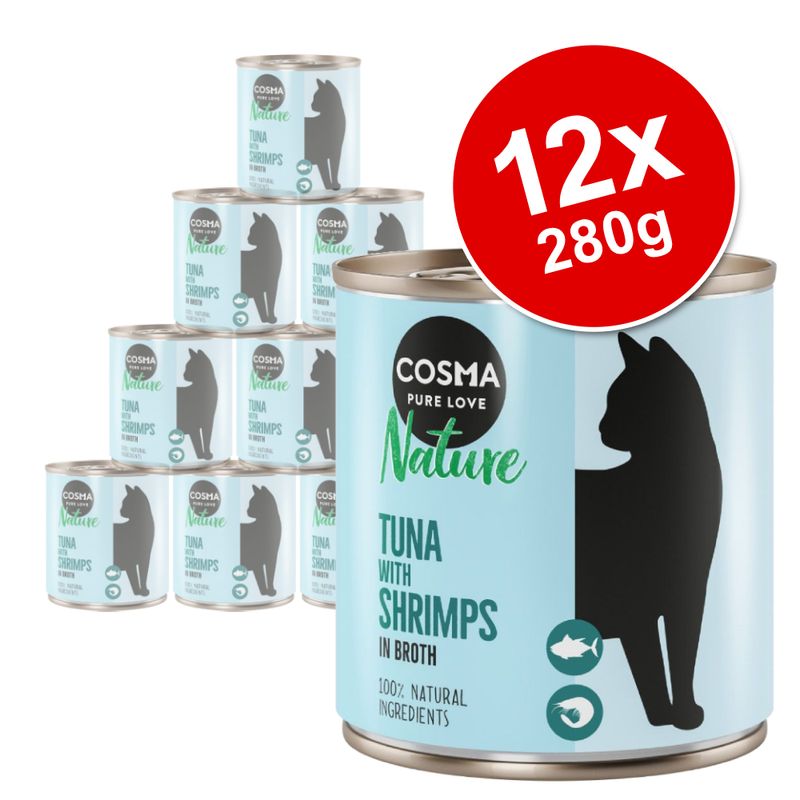 Cosma Pure Love Nature Tuna with Shrimps in Broth, 12 x 280g cans, 100% natural ingredients visible on packaging
