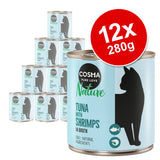 Cosma Pure Love Nature Tuna with Shrimps in Broth, 12 x 280g cans, 100% natural ingredients visible on packaging