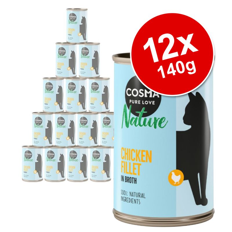Cosma Pure Love Nature Chicken Fillet in Broth, 12 x 140g cans, 100% natural ingredients. Visible cat silhouette and chicken icon on packaging.